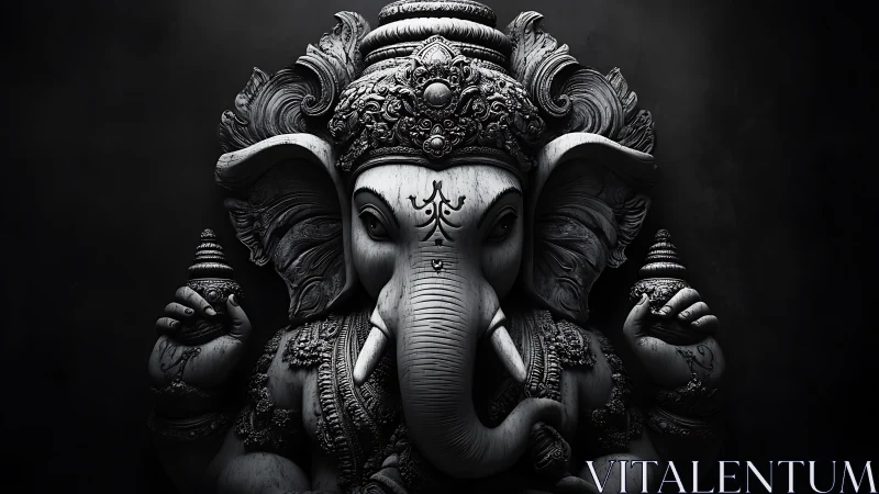Monochrome Ganesh statue stands in dramatic side lighting