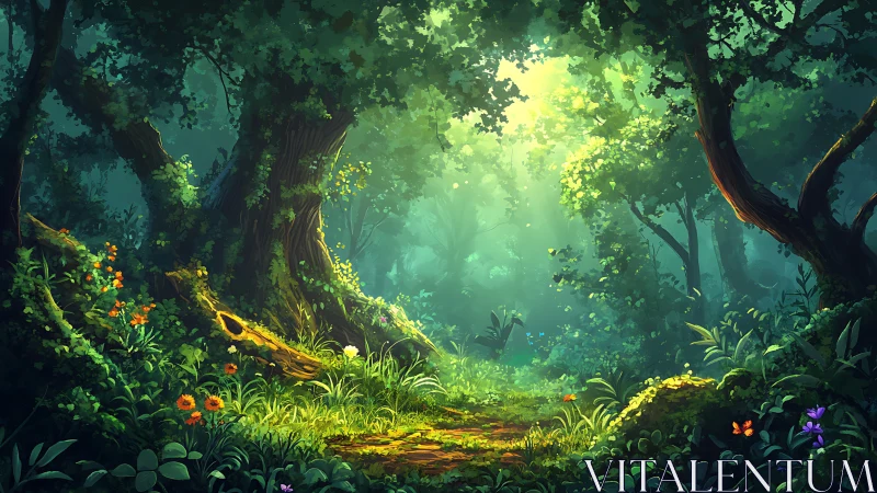 Enchanted Forest Corridor with Luminous Canopy and Ground Flora