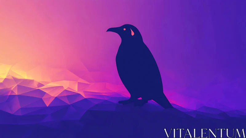 Silhouetted Bird Figure Against Gradient Landscape Background