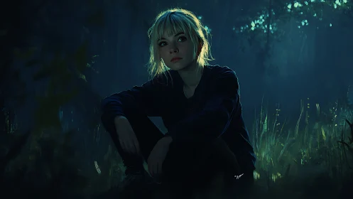 Forest dusk cradles a quiet girl wrapped in teal shadows