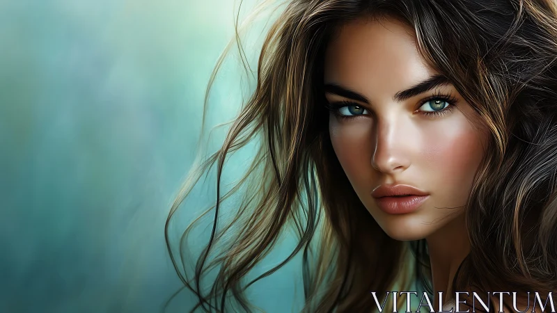 Striking digital portrait captures intense teal-eyed gaze.