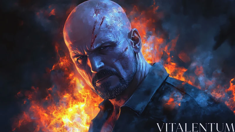 Fierce scarred hero framed by roaring painted flames.