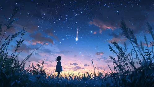 Girl beneath twilight sky watches single falling star in awe.