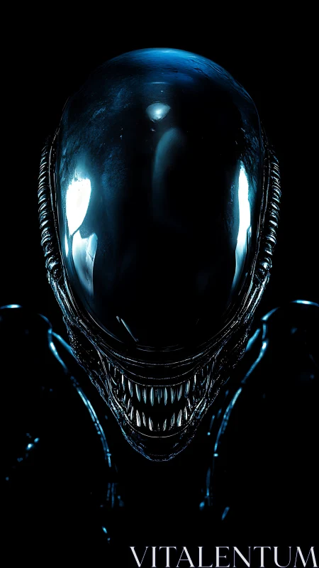 Biomechanical alien predator glows in stark blue darkness.