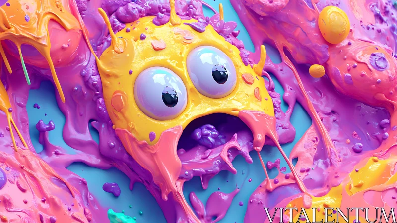 Bright gooey cartoon blob character in neon slime chaos.