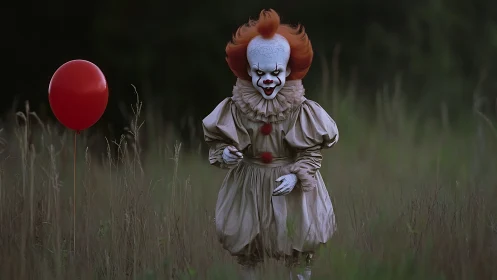 Sinister field clown stalks through grass with red balloon.