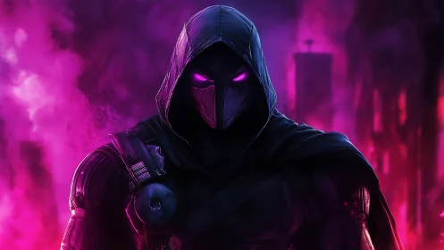 Hooded cyber assassin glows within neon magenta storm