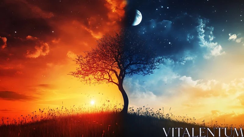 Lone horizon tree dividing blazing sunset and starry night.