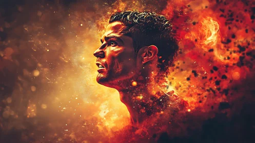 Fiery digital portrait of male athlete dissolving into glowing embers