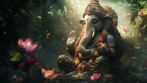 Ganesha statue sits in forest clearing with garlanded detail