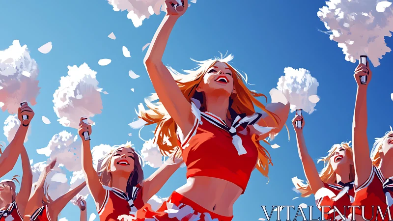 Cheerleading squad in red uniforms under blue sky.
