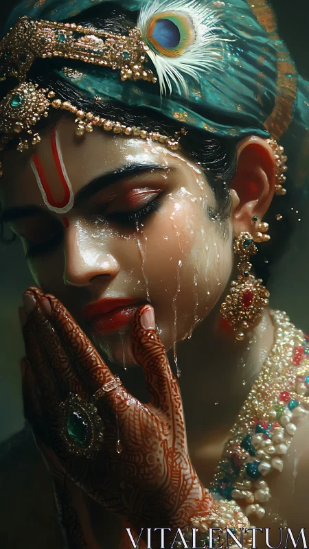 Hydrated devotional portrait with jeweled, hennaed detailing.