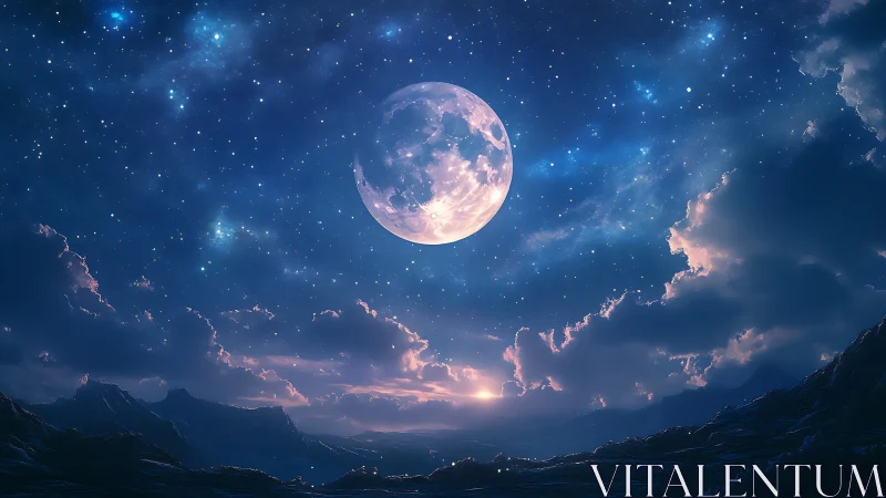 Luminous full moon over twilight mountains and nebular sky