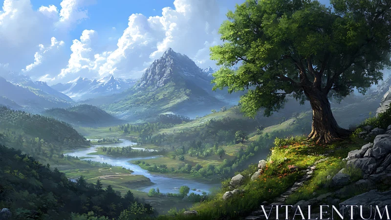 Expansive river valley under dynamic cumulus sky and detailed tree