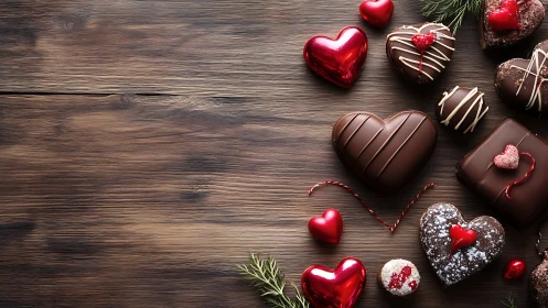 Luxury Chocolate Hearts Arranged with Metallic Accents and Winter Botanicals.