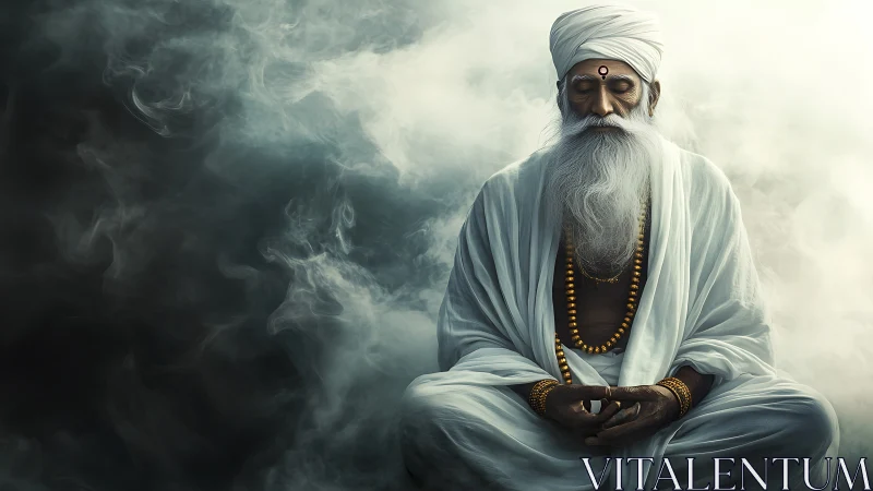 Elderly bearded man in white robes seated amid diffuse smoke.