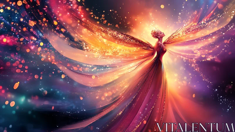 Ethereal winged figure erupts in radiant chromatic light arcs