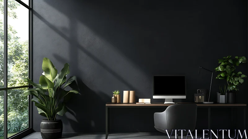 Calm home office with soft light, greenery, and dark walls.