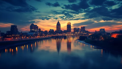 Urban river skyline at dusk with illuminated city buildings.