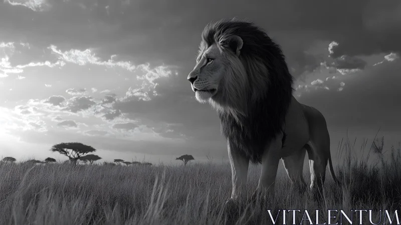 Majestic Lion in African Savanna, Dramatic Black and White Photography.