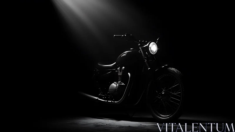 Timeless black motorcycle glowing softly in the spotlight.