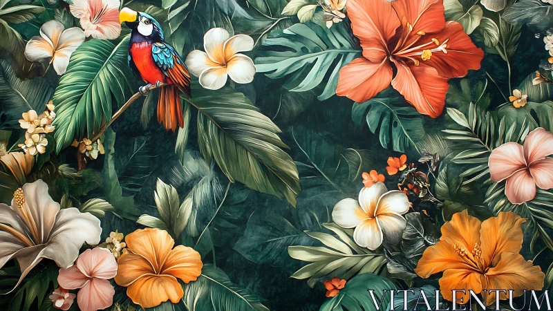 Tropical parrot rests amid lush hibiscus jungle blooms.