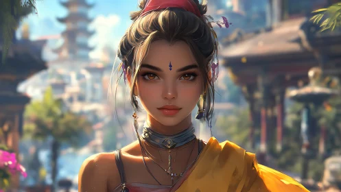 Digital painting portrait of mystic woman in temple garden.