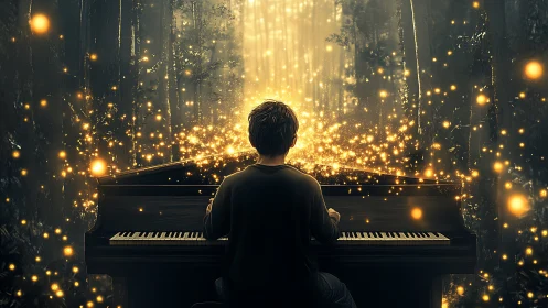 Boy plays piano in glowing forest filled with golden lights