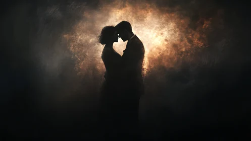 Silhouetted figures in warm backlighting display intimate proximity and pose.