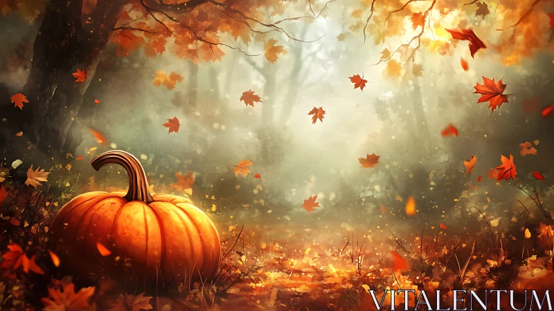 Pumpkin glows under swirling autumn leaves in forest mist