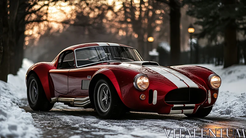 Red classic sports car with racing stripes on snowy sunset road