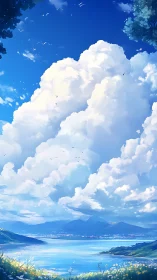 Layered cumulus clouds above coastal lake and distant hills.