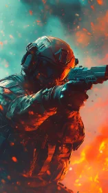 Heavily equipped soldier aims rifle amid bicolor firestorm