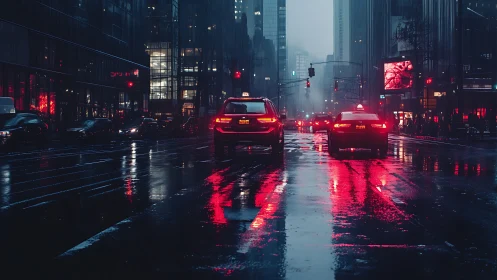 Rain-soaked city avenue with cinematic red tail light reflections.