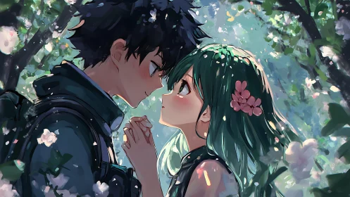 Young anime couple share quiet gaze under blooming trees