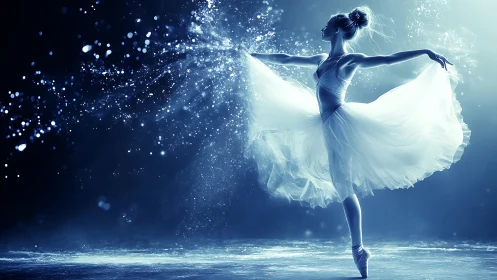 Ballet dancer en pointe amid dispersed luminous particles.