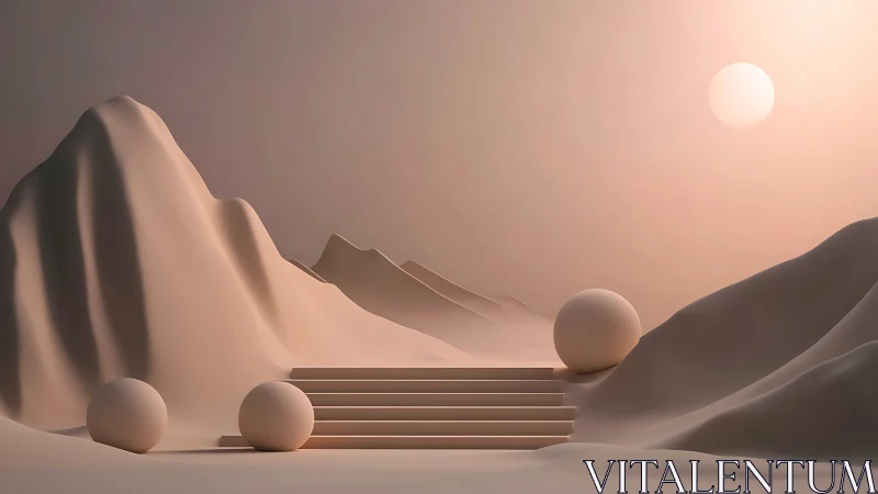 Soft desert orbs quietly orbit a stairway to nowhere