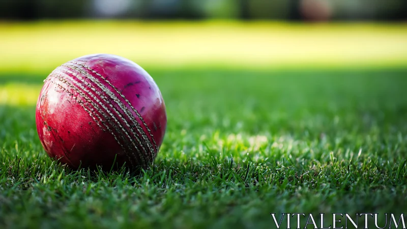 Crimson cricket ball pauses mid-story on emerald outfield