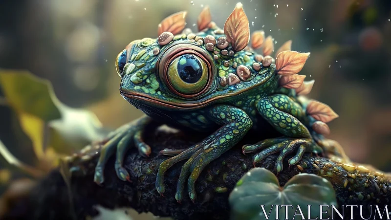 Leaf-crested fantasy frog rests in a softly glowing forest
