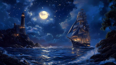 Moonlit tall ship passing lighthouse on stormlit sea.