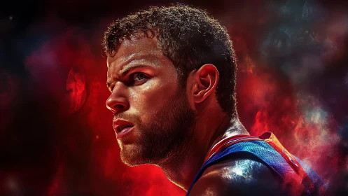 Male basketball player portrait set against fiery red background