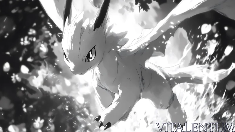 Soaring forest dragon cub caught in shimmering light.