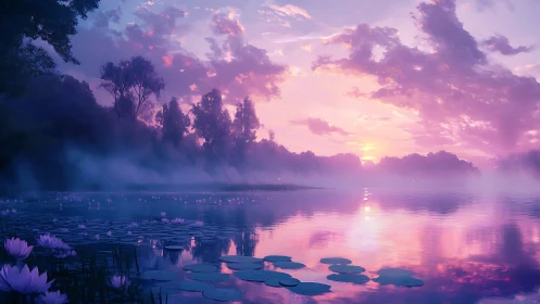 Iridescent misty lake at violet sunrise with lilies.