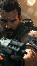 Battle-hardened soldier aiming sidearm in combat zone.