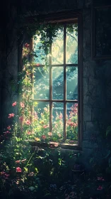 Sunlit garden is viewed through an overgrown stone window