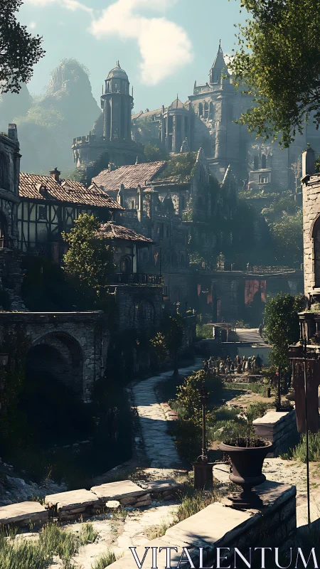 Medieval stone city ascends a hillside under clear daylight