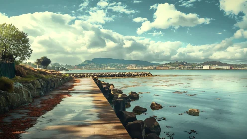 Coastal promenade extends toward breakwater under clouded sky