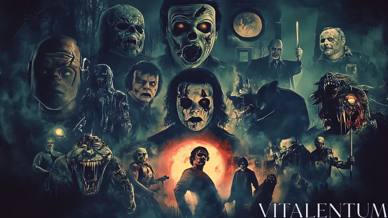 Layered horror montage assembles masked killers in desaturated teal haze