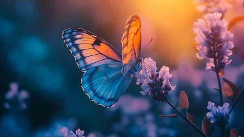 Butterfly rests on flower in glowing blue orange bokeh field