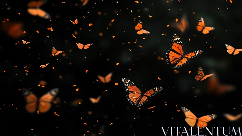 Monarch butterflies swirl through dark air in glowing flight